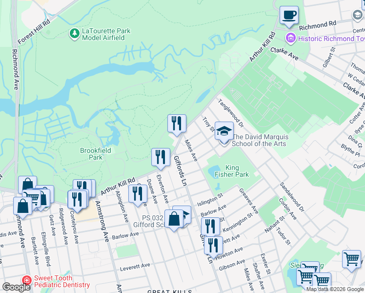 map of restaurants, bars, coffee shops, grocery stores, and more near 405 Arthur Kill Road in Staten Island