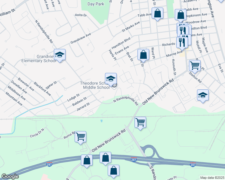 map of restaurants, bars, coffee shops, grocery stores, and more near 243 North Randolphville Road in Piscataway