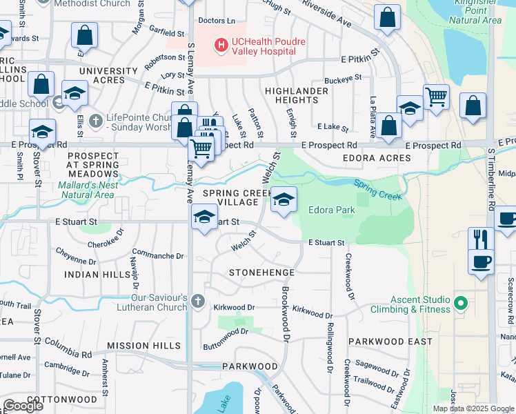 map of restaurants, bars, coffee shops, grocery stores, and more near 1717 Welch Street in Fort Collins