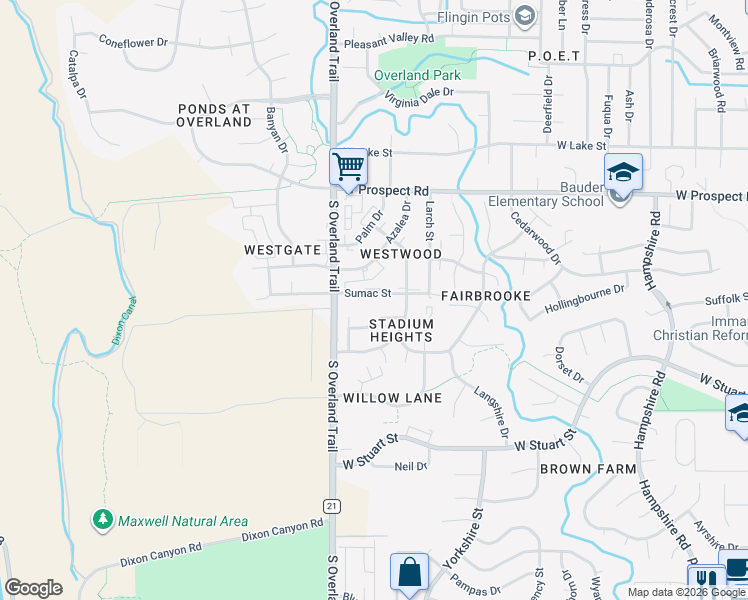 map of restaurants, bars, coffee shops, grocery stores, and more near 3001 Sumac Street in Fort Collins