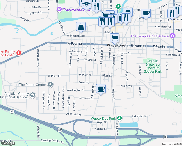 map of restaurants, bars, coffee shops, grocery stores, and more near 608 Court Street in Wapakoneta