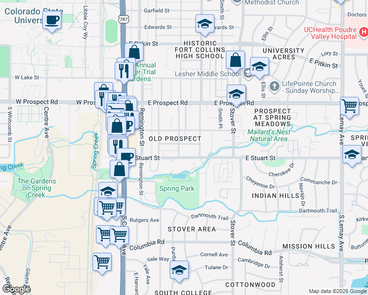 map of restaurants, bars, coffee shops, grocery stores, and more near 400 Alpert Avenue in Fort Collins