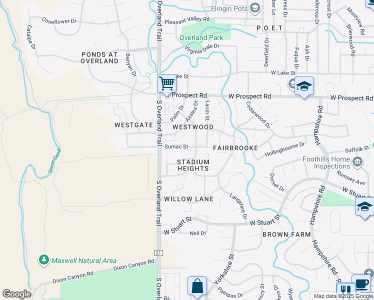 map of restaurants, bars, coffee shops, grocery stores, and more near 2909 Sumac Street in Fort Collins