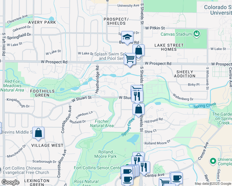 map of restaurants, bars, coffee shops, grocery stores, and more near 1300 West Stuart Street in Fort Collins