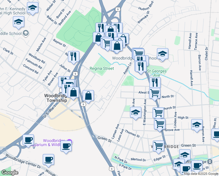 map of restaurants, bars, coffee shops, grocery stores, and more near 183 Sierra Court in Woodbridge Township