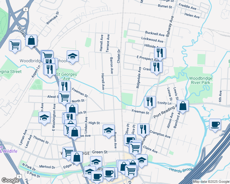 map of restaurants, bars, coffee shops, grocery stores, and more near 670 Barron Avenue in Woodbridge Township