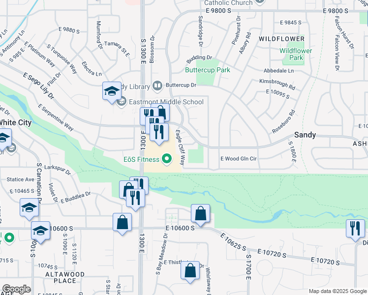 map of restaurants, bars, coffee shops, grocery stores, and more near 1420 Firelight Way in Sandy