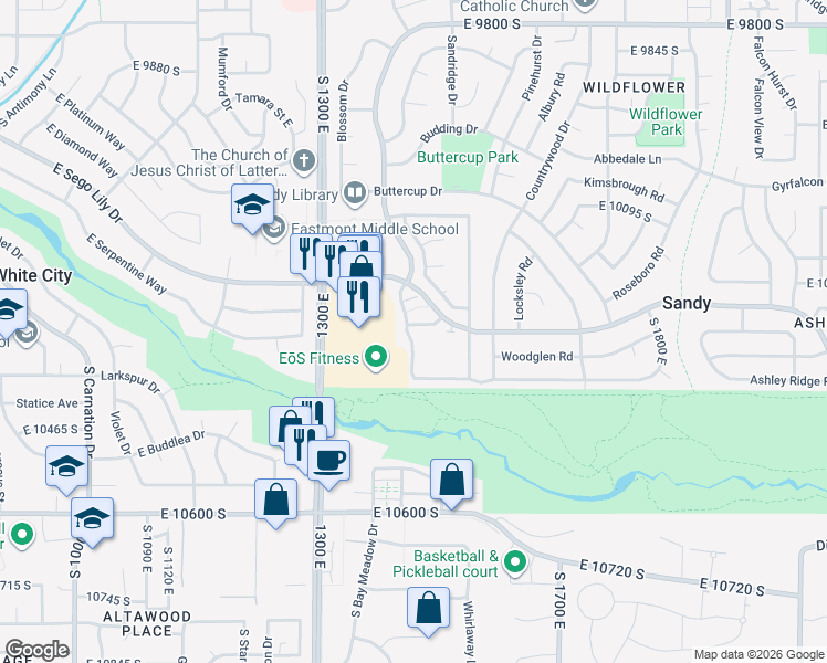 map of restaurants, bars, coffee shops, grocery stores, and more near 1420 Firelight Way in Sandy