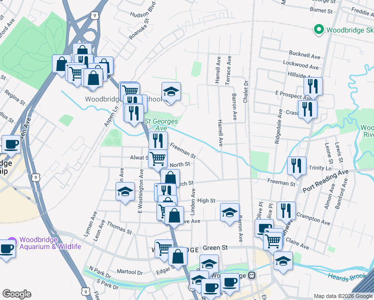 map of restaurants, bars, coffee shops, grocery stores, and more near 212 Freeman Street in Woodbridge Township