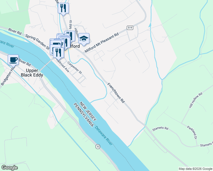 map of restaurants, bars, coffee shops, grocery stores, and more near 152 Frenchtown Road in Milford