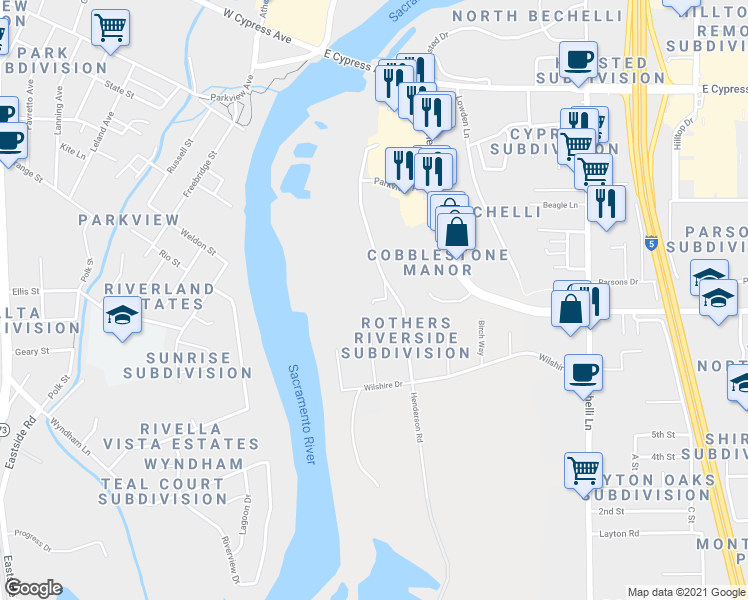 map of restaurants, bars, coffee shops, grocery stores, and more near 2840 Kelly Lane in Redding