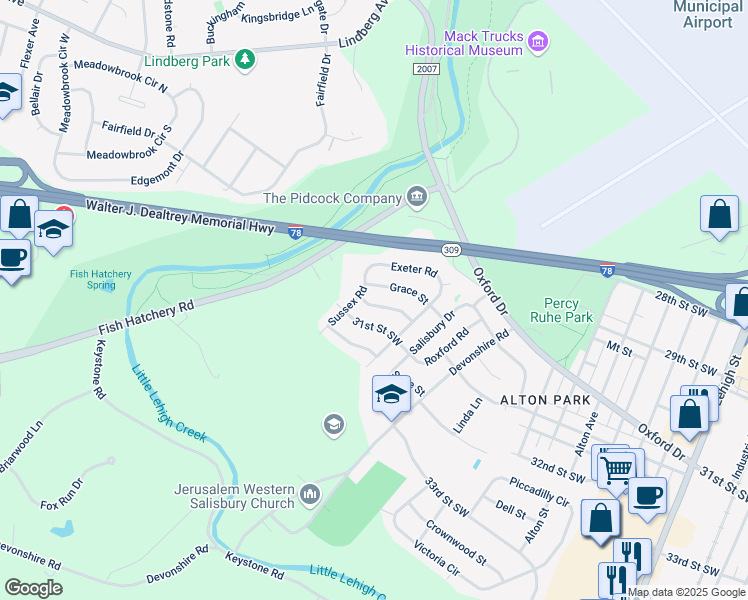 map of restaurants, bars, coffee shops, grocery stores, and more near 1414 Grace Street in Allentown