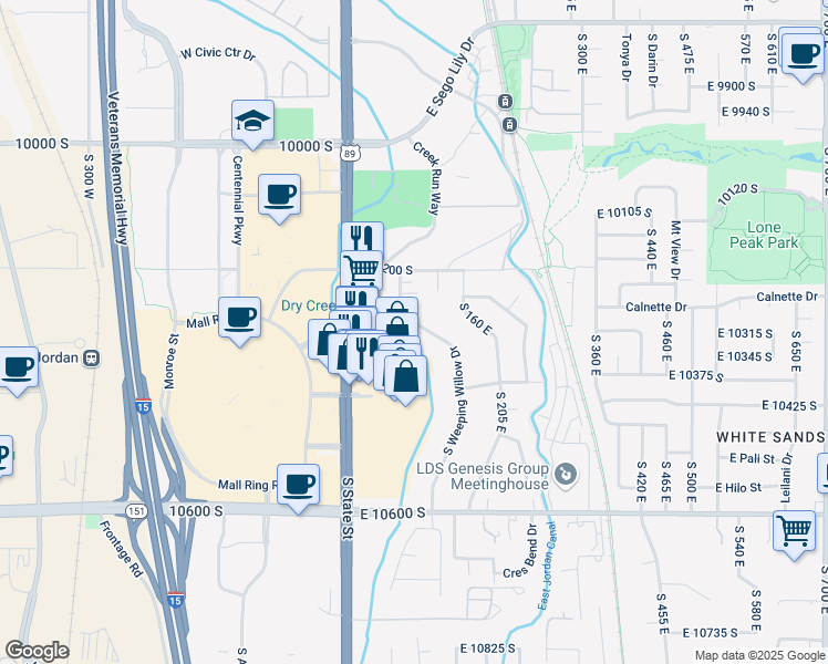 map of restaurants, bars, coffee shops, grocery stores, and more near 10288 South Weeping Willow Drive in Sandy