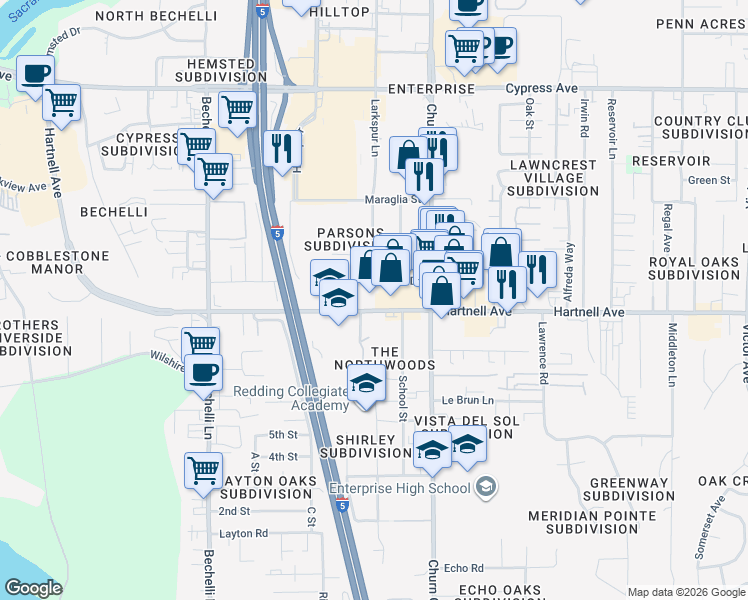 map of restaurants, bars, coffee shops, grocery stores, and more near 901 Parsons Drive in Redding