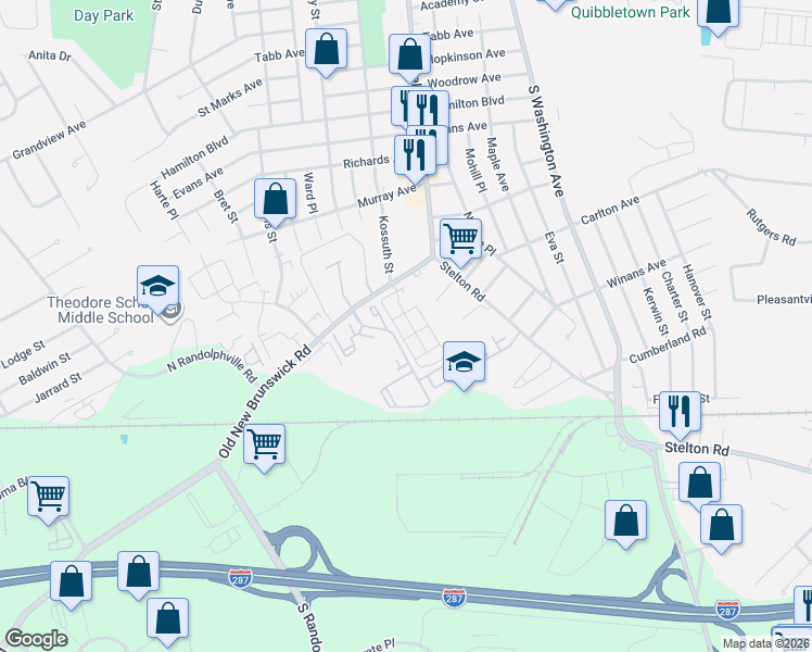 map of restaurants, bars, coffee shops, grocery stores, and more near 37 Old New Brunswick Road in Piscataway