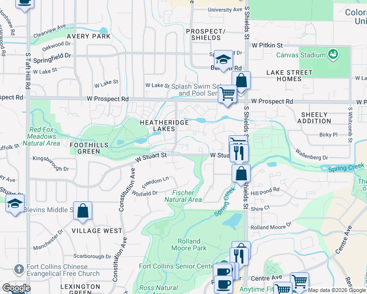 map of restaurants, bars, coffee shops, grocery stores, and more near 1368 Village Park Court in Fort Collins