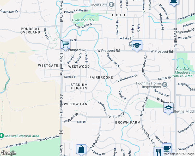 map of restaurants, bars, coffee shops, grocery stores, and more near 1733 Somerville Drive in Fort Collins