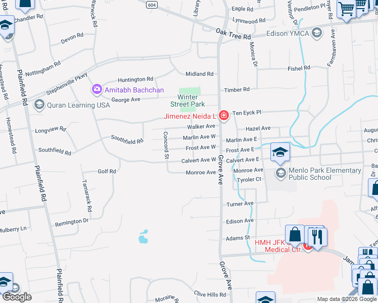 map of restaurants, bars, coffee shops, grocery stores, and more near 29 Frost Avenue West in Edison