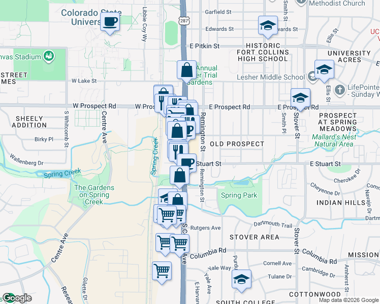 map of restaurants, bars, coffee shops, grocery stores, and more near 1708 South College Avenue in Fort Collins