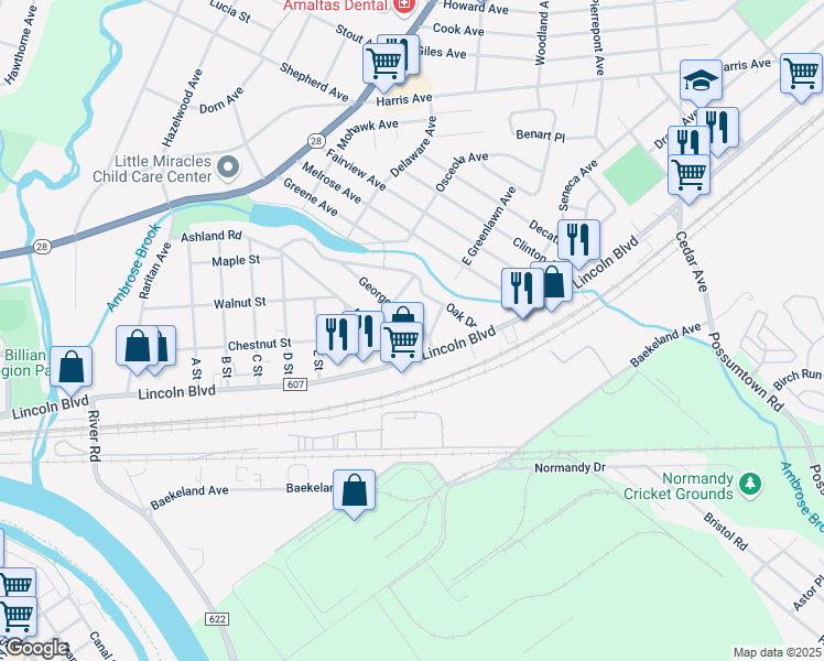 map of restaurants, bars, coffee shops, grocery stores, and more near 69 George Avenue in Middlesex