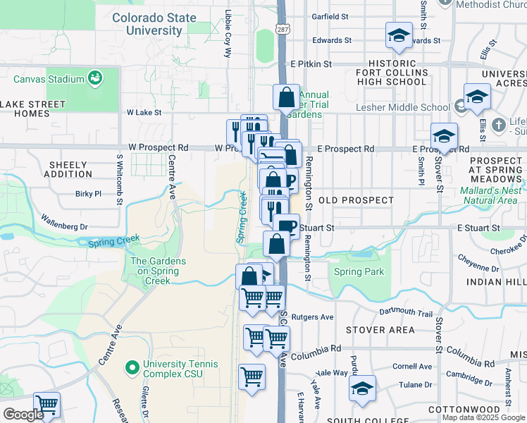 map of restaurants, bars, coffee shops, grocery stores, and more near 1721 Choice Center Drive in Fort Collins