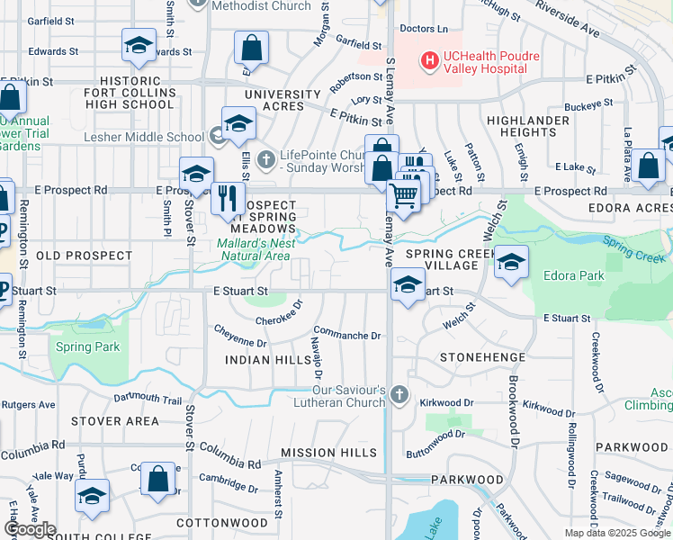 map of restaurants, bars, coffee shops, grocery stores, and more near 1708 Springmeadows Court in Fort Collins