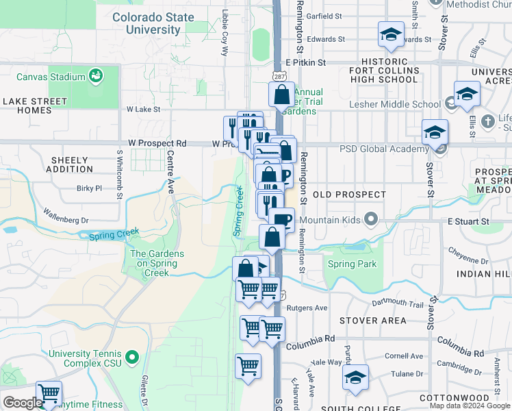 map of restaurants, bars, coffee shops, grocery stores, and more near 1733 South College Avenue in Fort Collins