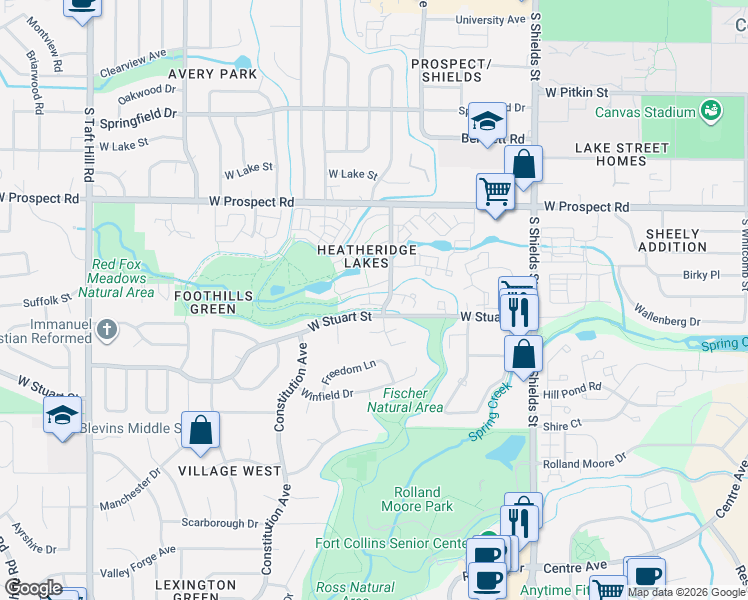 map of restaurants, bars, coffee shops, grocery stores, and more near 1705 Heatheridge Road in Fort Collins