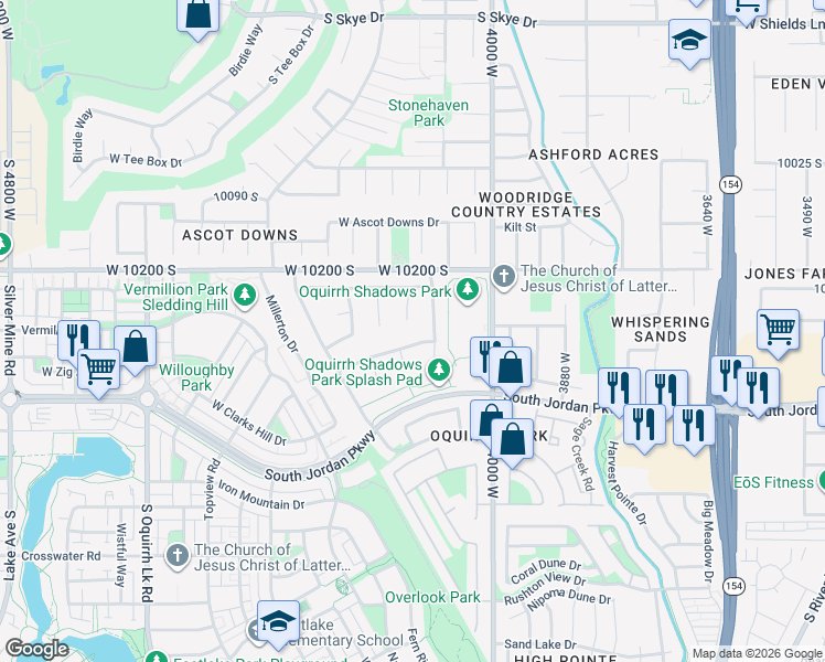 map of restaurants, bars, coffee shops, grocery stores, and more near 10278 Locust Ridge Court in South Jordan