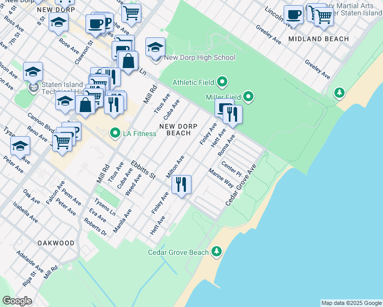 map of restaurants, bars, coffee shops, grocery stores, and more near 99 Milton Avenue in Staten Island