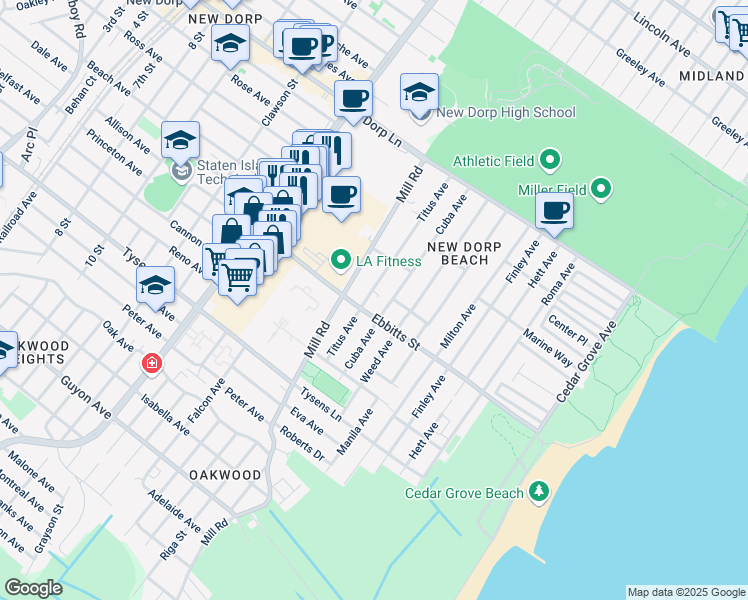 map of restaurants, bars, coffee shops, grocery stores, and more near 169 Titus Avenue in Staten Island
