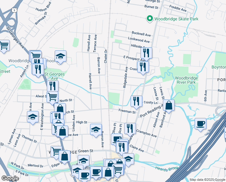 map of restaurants, bars, coffee shops, grocery stores, and more near 146 Carroll Avenue in Woodbridge Township