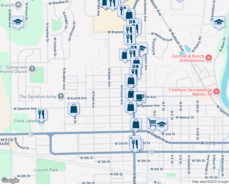 map of restaurants, bars, coffee shops, grocery stores, and more near 1519 West Jeffras Avenue in Marion