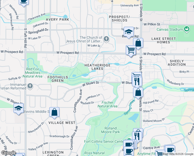 map of restaurants, bars, coffee shops, grocery stores, and more near 1705 Heatheridge Road in Fort Collins