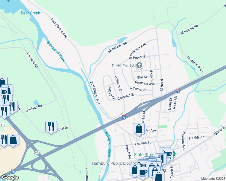map of restaurants, bars, coffee shops, grocery stores, and more near 132 Pheasant Court in Hamburg
