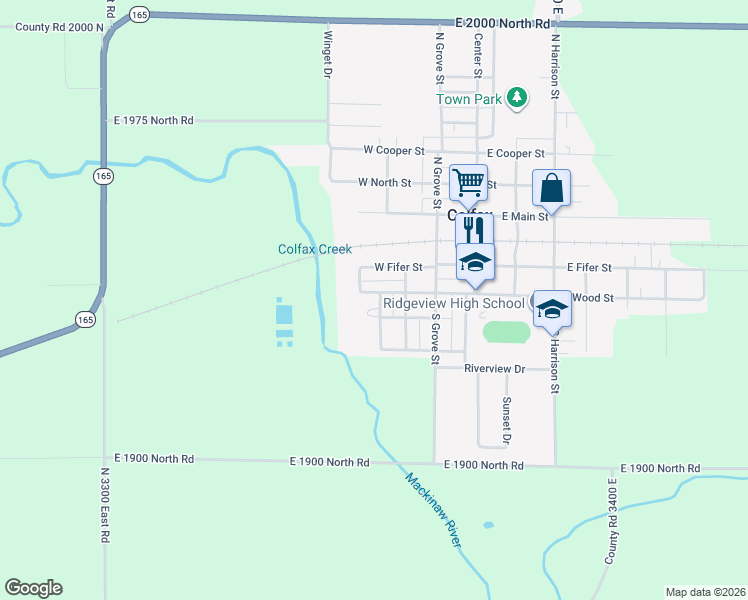 map of restaurants, bars, coffee shops, grocery stores, and more near 305 West Wood Street in Colfax