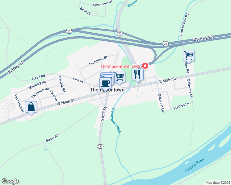 map of restaurants, bars, coffee shops, grocery stores, and more near 54 East Main Street in Thompsontown
