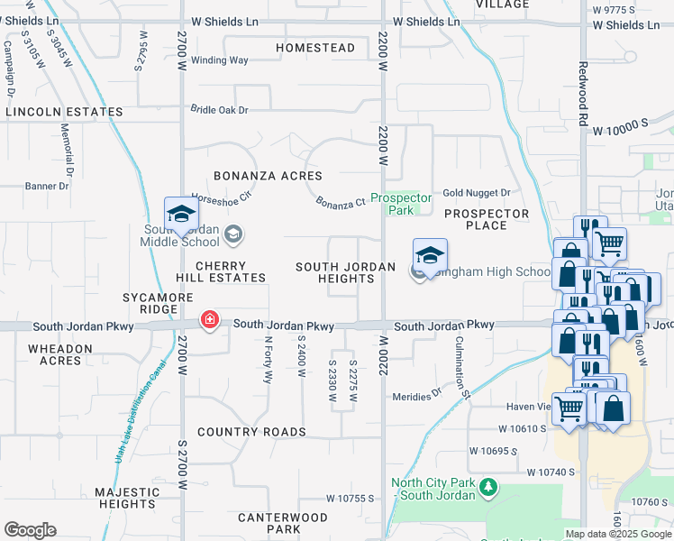 map of restaurants, bars, coffee shops, grocery stores, and more near 10288 Temple View Circle in South Jordan