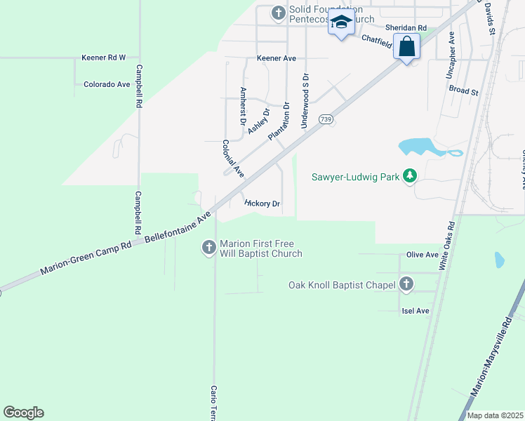 map of restaurants, bars, coffee shops, grocery stores, and more near 1371 Hickory Drive in Marion