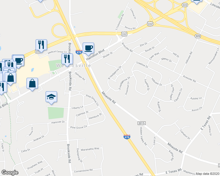 map of restaurants, bars, coffee shops, grocery stores, and more near 1111 Hedgerow Drive in Allentown