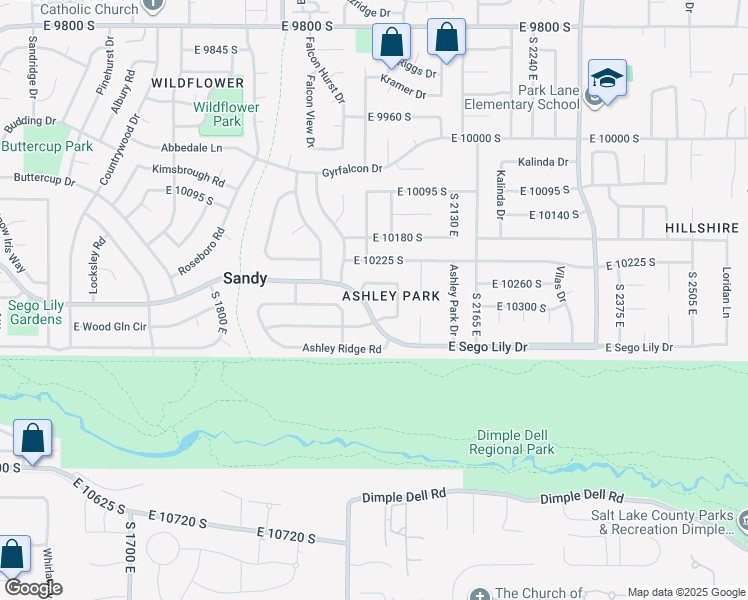 map of restaurants, bars, coffee shops, grocery stores, and more near 9949 South Sego Lily Drive in Sandy