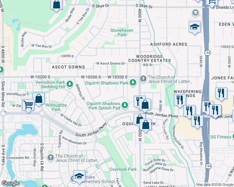 map of restaurants, bars, coffee shops, grocery stores, and more near 10278 Locust Ridge Court in South Jordan