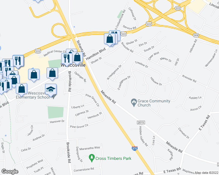 map of restaurants, bars, coffee shops, grocery stores, and more near 1074 Hedgerow Drive in Allentown