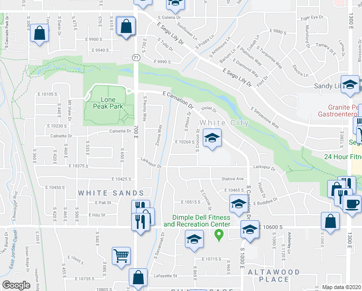 map of restaurants, bars, coffee shops, grocery stores, and more near 820 East 10269 South in Sandy