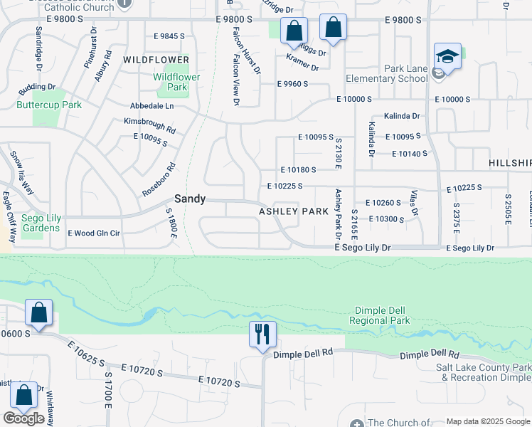 map of restaurants, bars, coffee shops, grocery stores, and more near 2004 East Sego Lily Drive in Sandy