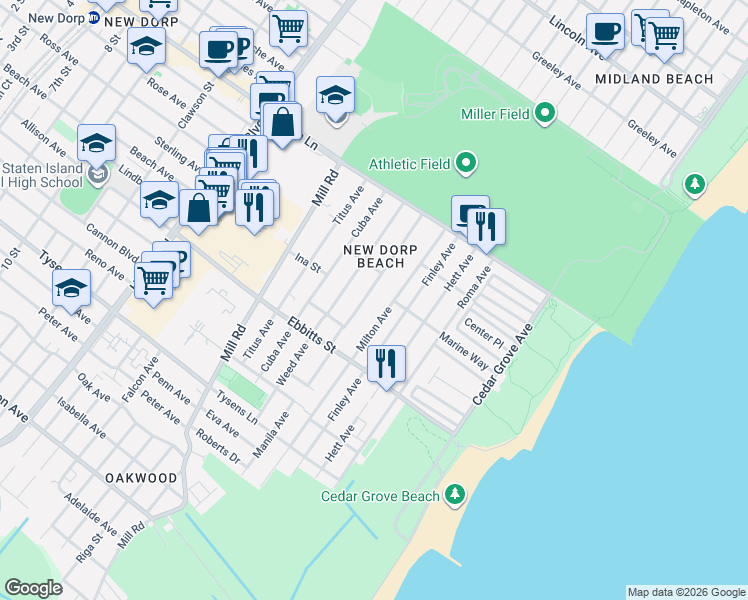 map of restaurants, bars, coffee shops, grocery stores, and more near 99 Milton Avenue in Staten Island