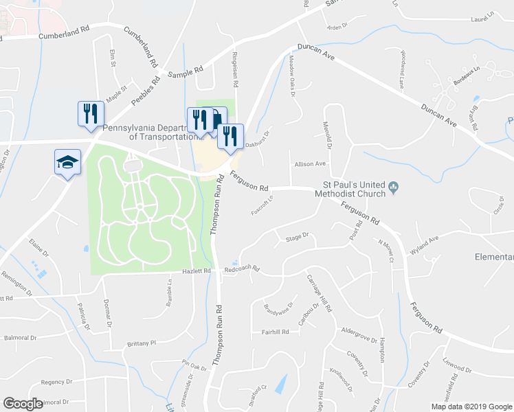 map of restaurants, bars, coffee shops, grocery stores, and more near 1817 Foxcroft Lane in McCandless