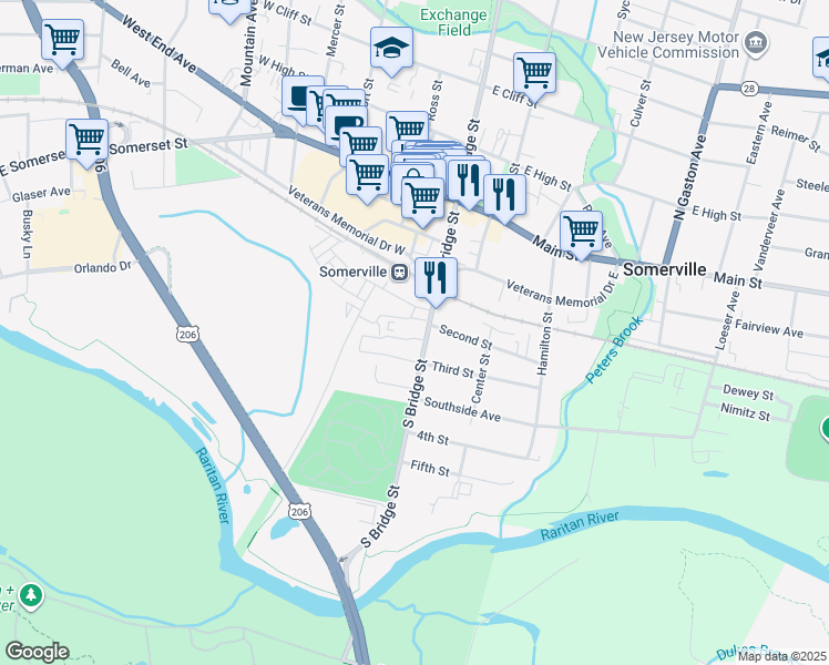 map of restaurants, bars, coffee shops, grocery stores, and more near 110 South Bridge Street in Somerville