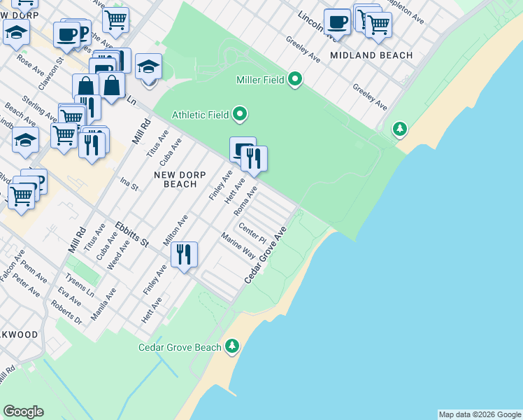 map of restaurants, bars, coffee shops, grocery stores, and more near 12 Waterside Street in Staten Island