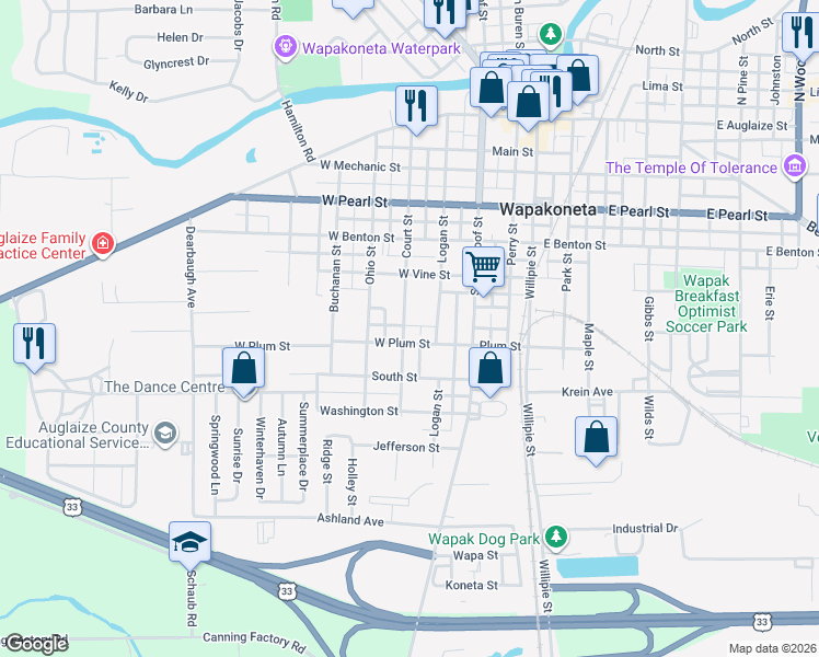 map of restaurants, bars, coffee shops, grocery stores, and more near 608 Court Street in Wapakoneta